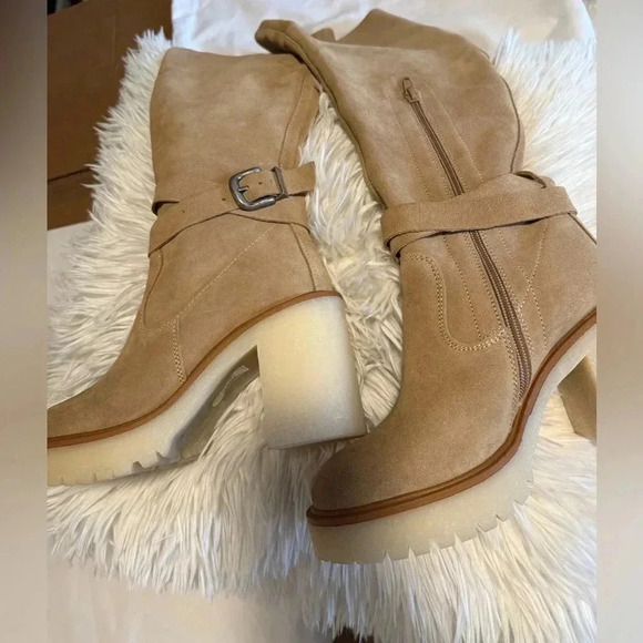 NEW FREE PEOPLE TAN BEIGE JASPER PLATFORM KNEE HIGH BOOTS SIZE 37/7 - Picture 5 of 12